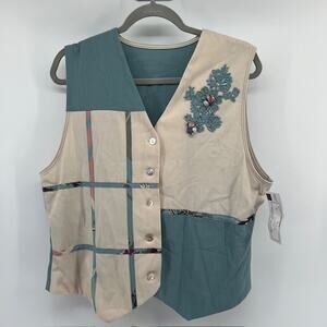 VTG Deadstock Floral Applique Embroidered Button Vest Womens M Cream TealCottage